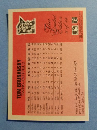 Tom Brunansky Minnesota Twins 1986 Fleer Limited Edition 9 Baseball 