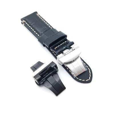 24mm Black Calfskin Crocodile Strap For Panerai Watches - 22mm