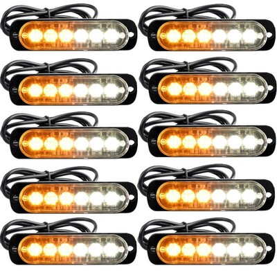 10PCS LED Strobe Lights 12-24V 6 LED Flash Hazard Warning Light, Amber/white