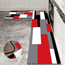 Blackwhitered And Grey Kitchen Rug Set 2 Piece Abstract Geometric Art Cushioned 
