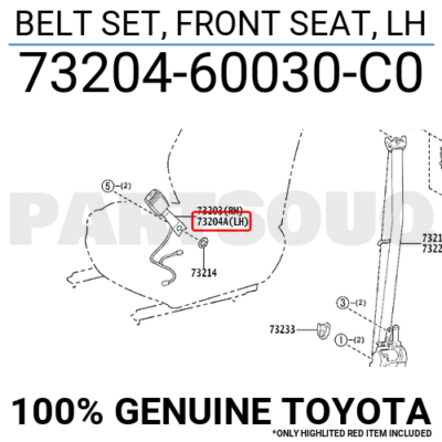 7320460030C0 Genuine Toyota BELT SET, FRONT SEAT, LH 73204-60030