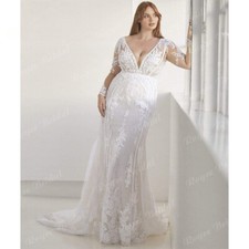 Plus Size Lace Mermaid Wedding Dresses V Neck Long Sleeves A-line Bridal Gowns