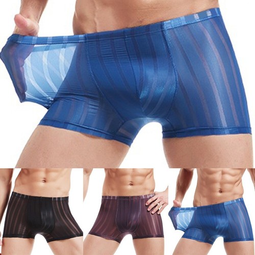 Sexy Men Clear Boxer Ice Silk Shorts Sheer Mesh Pouch Striped Lingerie L-3XL - Picture 1 of 16