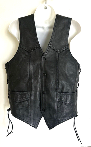 Genuine Leather Motorcycle Biker Vest Men's 40 Black Lace Up Sides - Picture 3 of 11
