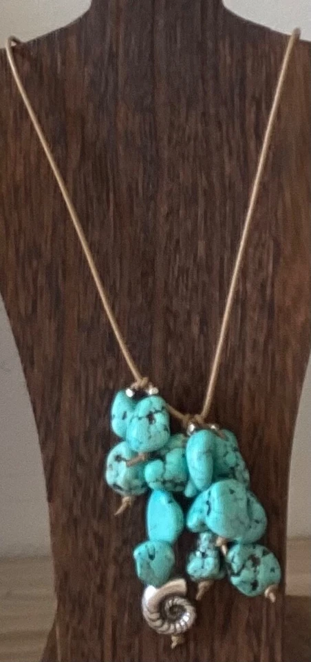 "Collar Statement Lucky Brand imitación turquesa trozos plata concha cuerda bronceada 20"" L" Foto 2 de 4