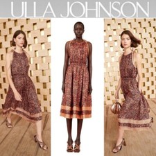 ULLA JOHNSON Mika Print Halter Neck Silk Midi Dress Size 2 XS $730 Tie Shoulders