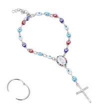 Car Rosary for Rearview Mirror,Evil Eye Rearview Mirror Auto Rosary Silver