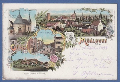 Postcard Bavaria greeting from Mühldorf am Inn run 1899 to Munich