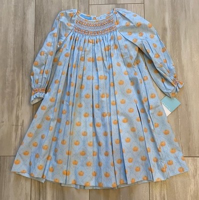New! Anavini light Blue Printed Pumpkin Long Sleeve Smocked Dress, Girls 6X