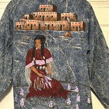 Vtg Acid Wash Denim Duster Trench Coat HandPainted Native Artsy 80's 90's USA