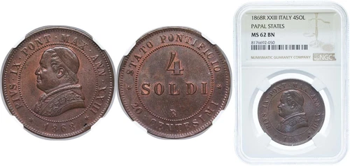 Papal States 1868 R 4 Soldi Copper NGC MS 62