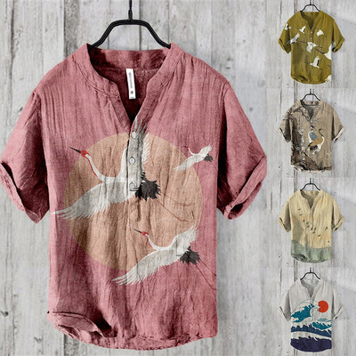 Button V-Ausschnitt Japanisch Kunsthemd Kurzarm Lose Polyester Tops Urlaub