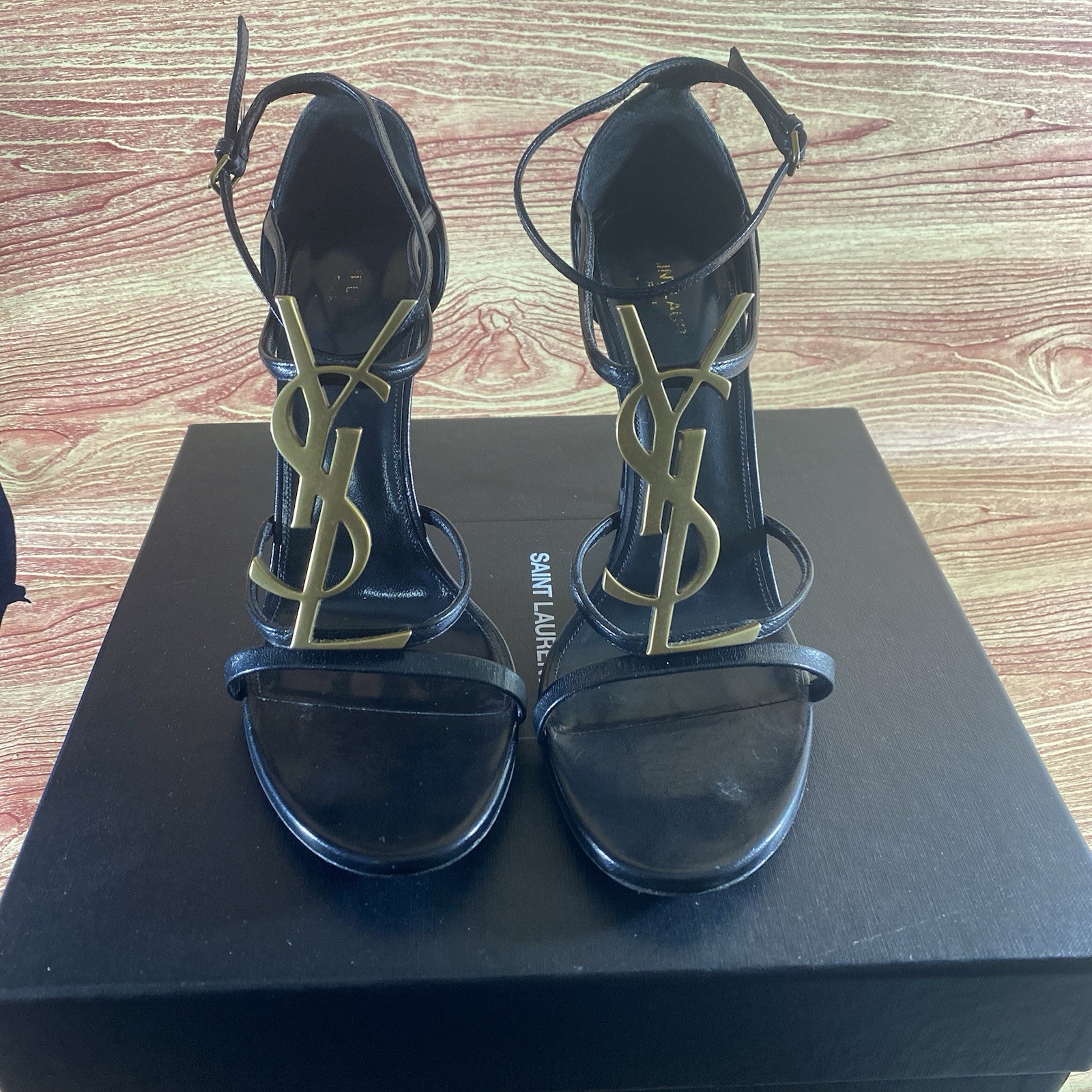 Yves Saint Laurent SANDALI CASSANDRA PELLE liscia nero 42 US 12 UFFICIALE ORO