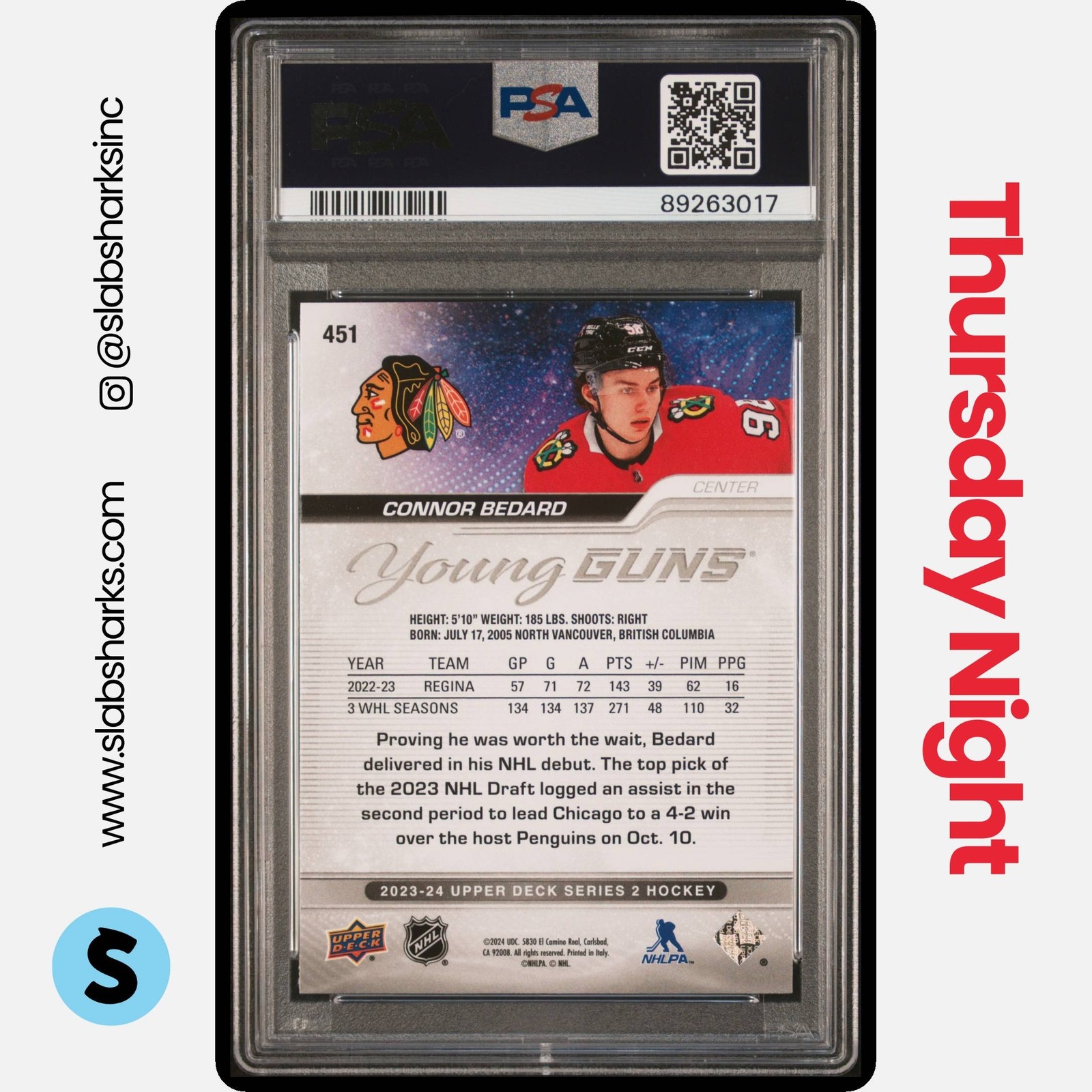 2023 UPPER DECK #451 CONNOR BEDARD YOUNG GUNS RC ROOKIE PSA 10 view 2