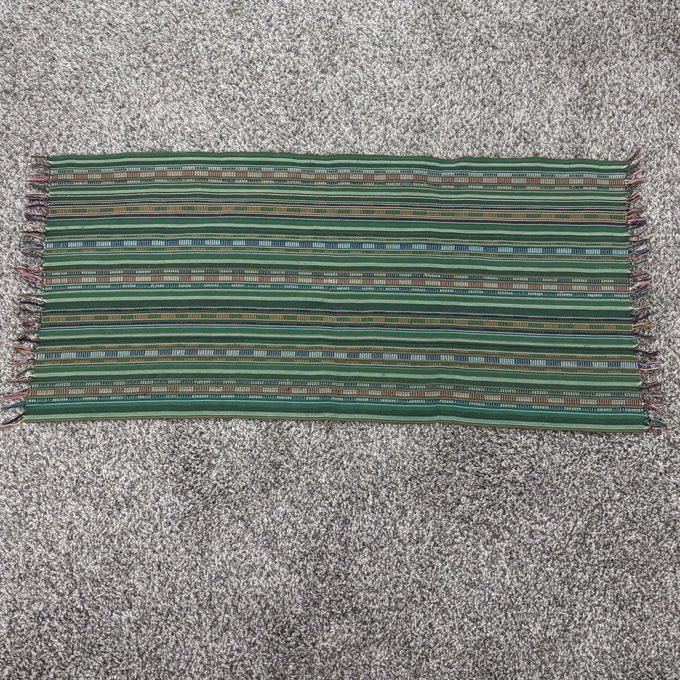 Hand Woven Table Runner Decorative Cloth Linen Green Stripe Fringe - Image 2 of 4