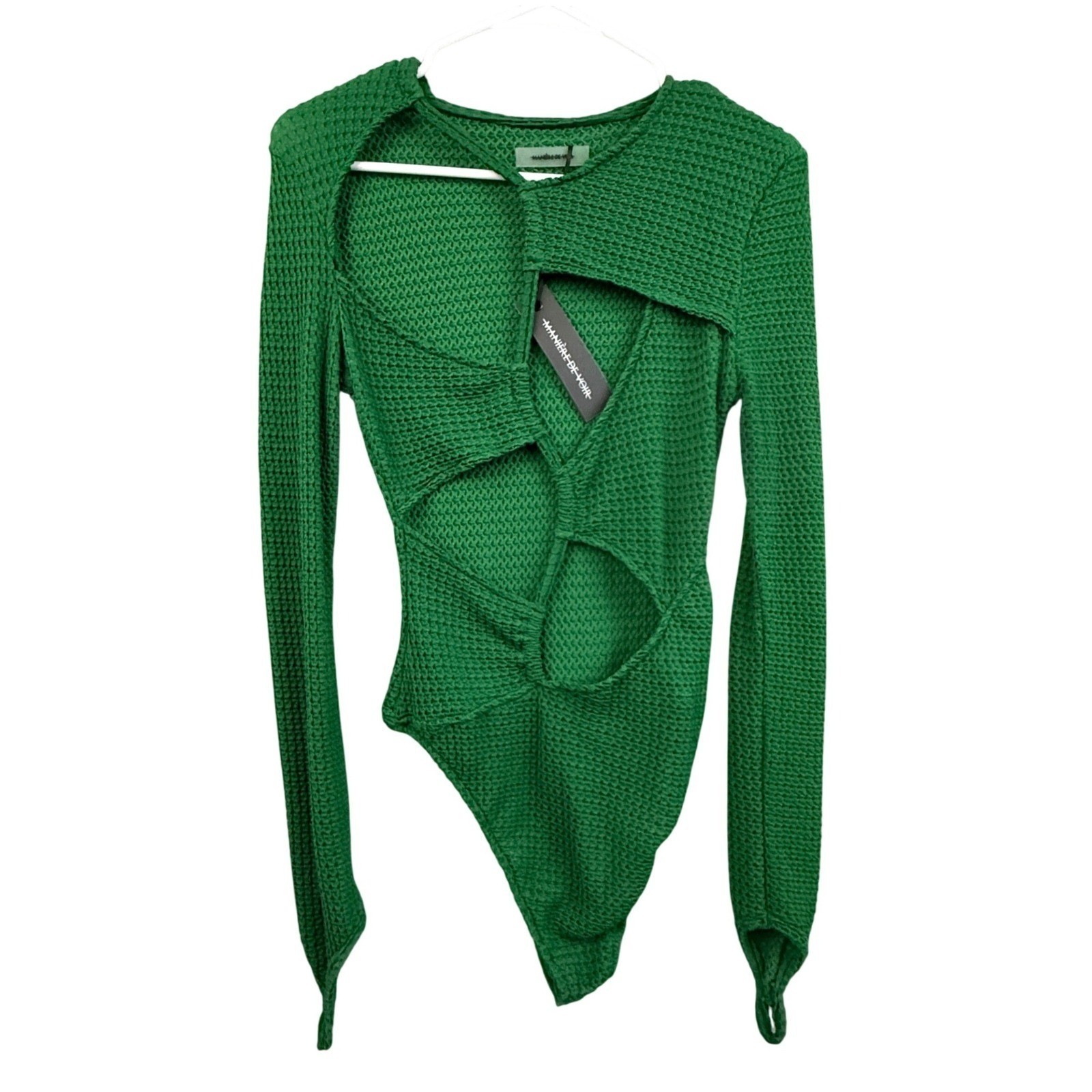 Maniere De Voir Waffle Knit Cutout Bodysuit Long Sleeve Snap Green Womens Size 6