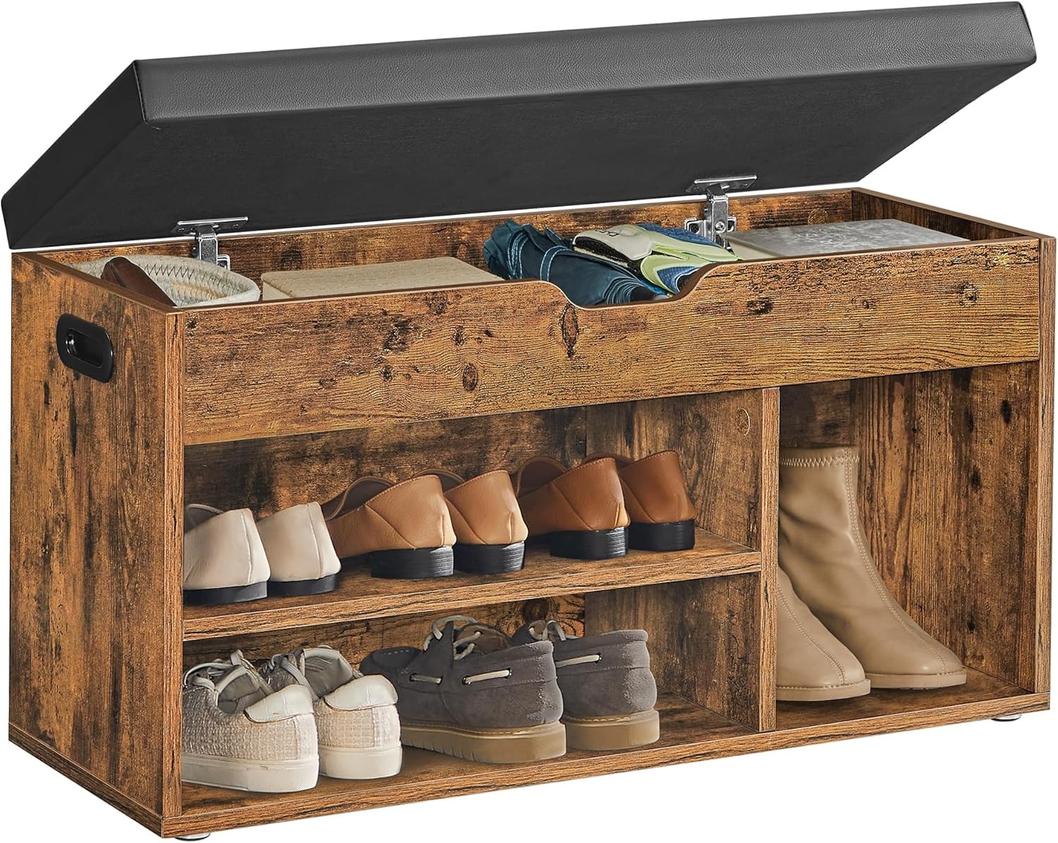 VASAGLE Shoe Bench with Cushion, Storage Bench, 3 Compartments, Rustic Brown