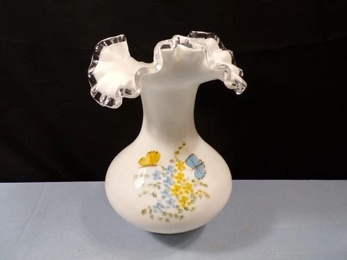 Fenton Hand Painted Milk Glass Silver Crest Vase Blue Yellow Butterflies