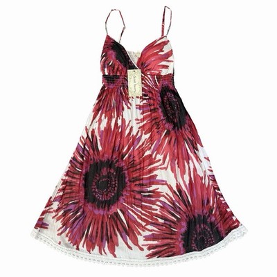 Derek Heart Pink Floral Dress Sz S Beaded Straps Lined Empire Waist Shirred NWT