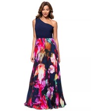 Xscape Chiffon Gown 12 One Shoulder Navy Floral Pleated Mixed Media NWT $279