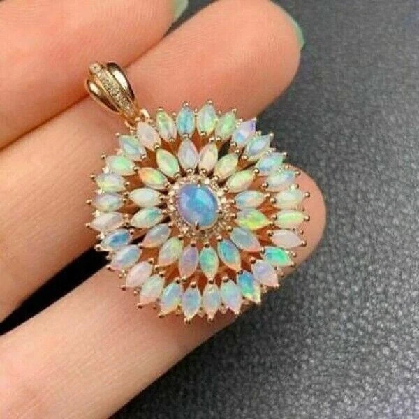 4CT Oval Cut Fire Opal Women's Flower Pendant Free Chain 14K Yellow Gold Finish - Image 2 of 4
