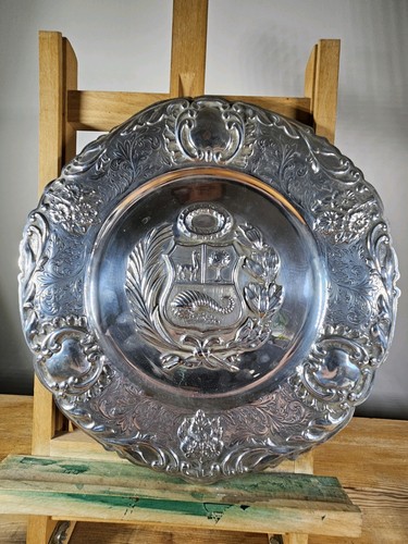 RARE LARGE STERLING SILVER DECORATIVE PLATE – 925 HALLMARKED – MADE IN PERU - Picture 8 of 20