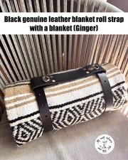 Black Genuine Leather Blanket Roll / Bed Roll Strap With A Blanket Ginger