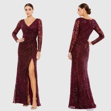 Mac Duggal 12412 Red Long Sleeve Ruched Sequined V-Neck Gown Size 10 NWT