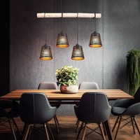 Pendelleuchte HäNgelampe Holzleuchte KüChenlampe 4 Flammig Goldfarben H 120 Cm