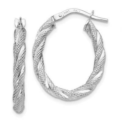 14K White Gold Twisted Textured Oval Hoop Earrings Womens