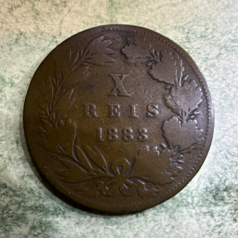 Portugal 10 Reis Coin 1883 Bronze X Reis Variety KM# 506 Brown (BN) Color