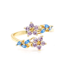 Gold Tone Floral Leaf Ring Purple Blue Zircon Romantic Statement Style