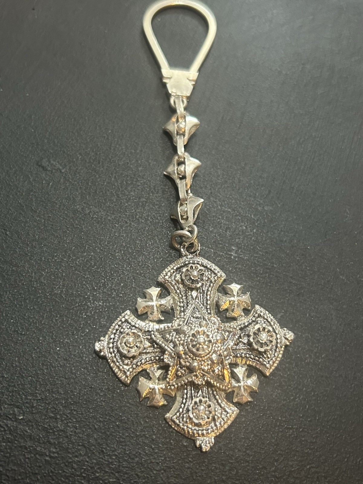 900 Silver Cross Key Chain Solid Silver Antique /… - image 1