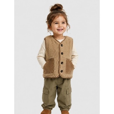 Kitto.Label Kids Sherpa Fleece Vest Tan Brown Corduroy Trim Size 3Y 100