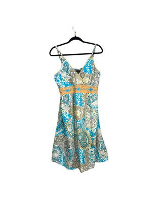 Raya Sun Women's Dress Large Boho Embroidered A-Line Aqua Tan Strappy Paisley