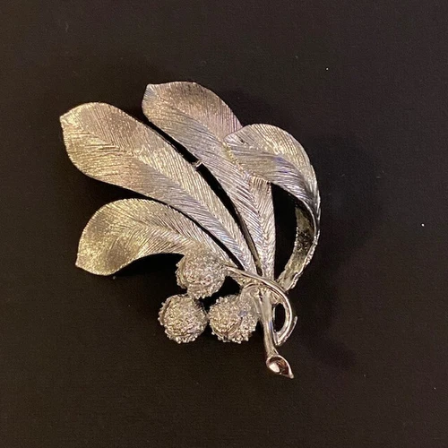 Lisner Silver Tone Brushed Metal Leaves with Buds Brooch