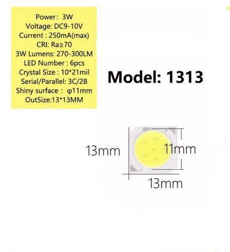 10PCS DC 9-10V 3W 13x13mm Square COB LED High Power Light, Cool White 6000K - Picture 3 of 7
