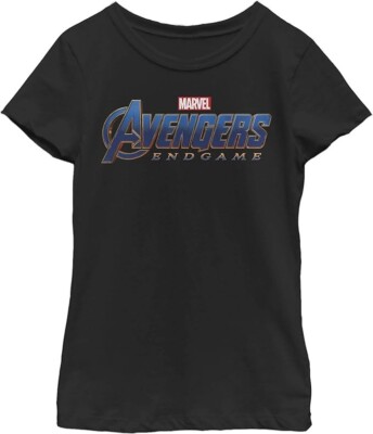 MARVEL Girls Black T-Shirt XS (3/4) Avengers Endgame Logo Tee NEW
