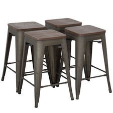 24" Metal Bar Stools Set of 4 Counter Height with Wood Seat for Indoor/Outdoor