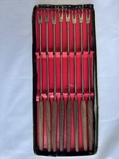 Vintage MCM Fondue Forks Stainless Steel Teak Handles Made in Japan Set 8