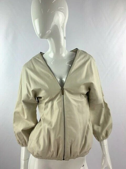 MAXAZRIA Women's Bone White Leather 3/4 Balloon Sleeve Zipper V-neck Jacket - Image 2 of 4
