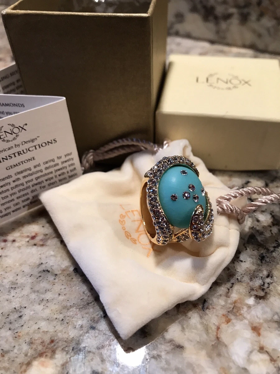 Lenox Turquoise Cocktail Ring W Rhinestones gold tone size 10 NEW in gift box