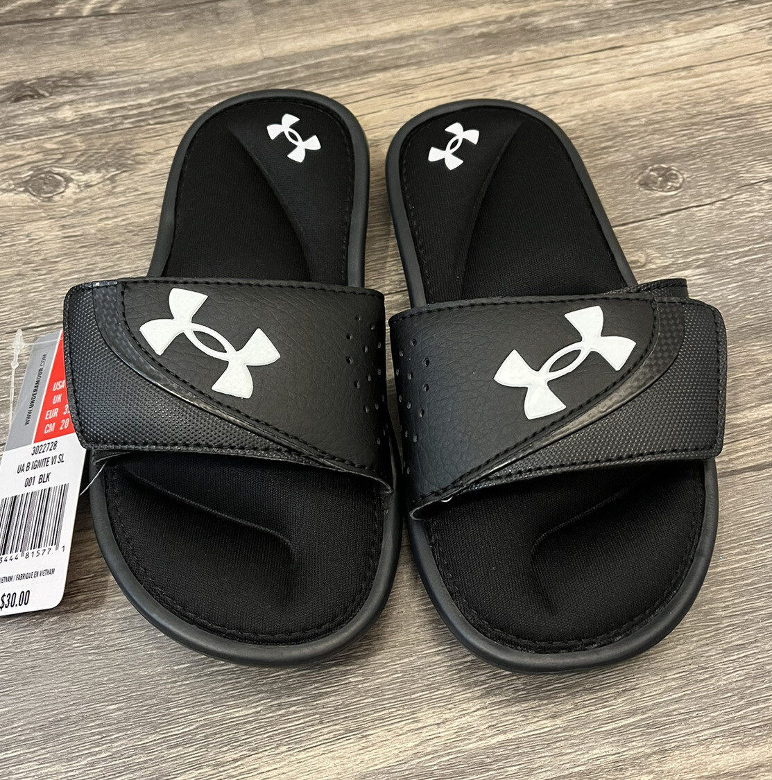 APL Sandali da bambino Under Armour Ignite VI neri bianchi slide taglia 1 nuovi con etichette