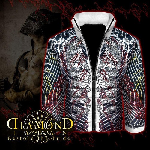 Japanese Tatoo Ptn of White Dragon Men's Soft Boa Padded Jacket Size Selectable - Picture 10 of 24