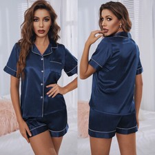 Women Satin Pyjamas Nightwear PJs Set Ladies Silk Short Sleeve Button Sleepwear