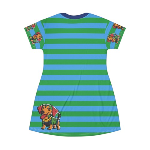 Dachshund T-Shirt Dress Dog Dress Happy Weenie Doxie Tee Green Dark Blue Striped - Picture 4 of 25