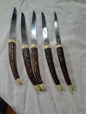 Perma Cut Steak Knives Stainless Steel, 1960s Japan Imitation Stag Bone (5)