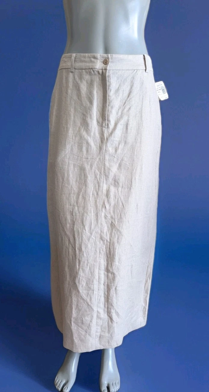 DKNY Natural Tan Linen Maxi Skirt w/Front Fly And Rear Pockets 8 NWT
