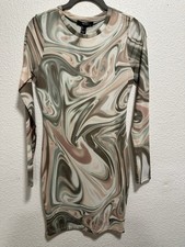 FOREVER 21 Beige Green Abstract Swirl Print Bodycon Dress Long Sleeve S