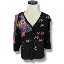 Vintage Michael Simon Fish Cardigan Sweater Women’s XL Silk Blend Sequin Black